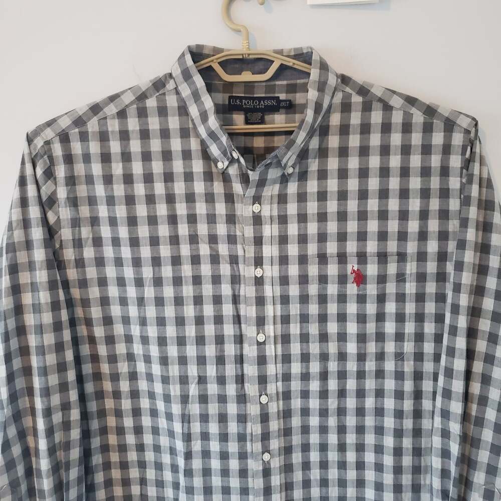 US Polo Assn Shirt men's 2XLT Grey Checkered Long Sleeve Cotton Blend logo
